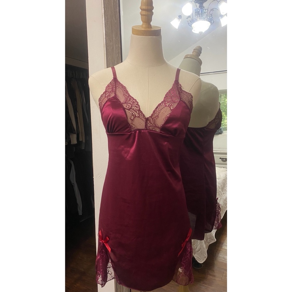 SHEIN | Satin Lace & Bows Babydoll Slip & G String Lingerie Maroon